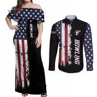 Grunge American Flag Custom Bowling Couples Matching Off Shoulder Maxi Dress and Long Sleeve Button Shirt Pins Graphic and Team Text Layout Design - Wonder Print Shop