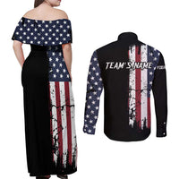 Grunge American Flag Custom Bowling Couples Matching Off Shoulder Maxi Dress and Long Sleeve Button Shirt Pins Graphic and Team Text Layout Design - Wonder Print Shop