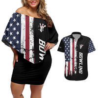 Grunge American Flag Custom Bowling Couples Matching Off Shoulder Short Dress and Hawaiian Shirt Pins Graphic and Team Text Layout Design - Wonder Print Shop