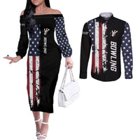 Grunge American Flag Custom Bowling Couples Matching Off The Shoulder Long Sleeve Dress and Long Sleeve Button Shirt Pins Graphic and Team Text Layout Design - Wonder Print Shop