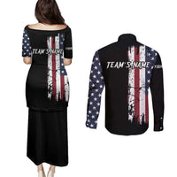 Grunge American Flag Custom Bowling Couples Matching Puletasi and Long Sleeve Button Shirt Pins Graphic and Team Text Layout Design - Wonder Print Shop