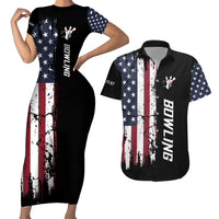 Grunge American Flag Custom Bowling Couples Matching Short Sleeve Bodycon Dress and Hawaiian Shirt Pins Graphic and Team Text Layout Design - Wonder Print Shop