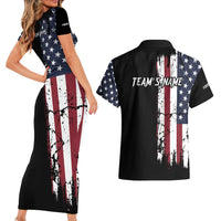 Grunge American Flag Custom Bowling Couples Matching Short Sleeve Bodycon Dress and Hawaiian Shirt Pins Graphic and Team Text Layout Design - Wonder Print Shop