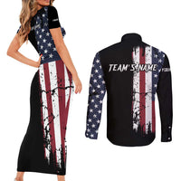 Grunge American Flag Custom Bowling Couples Matching Short Sleeve Bodycon Dress and Long Sleeve Button Shirt Pins Graphic and Team Text Layout Design - Wonder Print Shop
