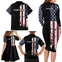 Grunge American Flag Custom Bowling Family Matching Long Sleeve Bodycon Dress and Hawaiian Shirt Pins Graphic and Team Text Layout Design - Wonder Print Shop