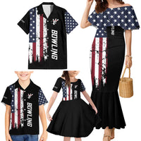 Grunge American Flag Custom Bowling Family Matching Mermaid Dress and Hawaiian Shirt Pins Graphic and Team Text Layout Design - Wonder Print Shop