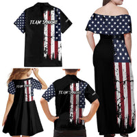 Grunge American Flag Custom Bowling Family Matching Off Shoulder Maxi Dress and Hawaiian Shirt Pins Graphic and Team Text Layout Design - Wonder Print Shop