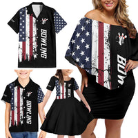 Grunge American Flag Custom Bowling Family Matching Off Shoulder Short Dress and Hawaiian Shirt Pins Graphic and Team Text Layout Design - Wonder Print Shop