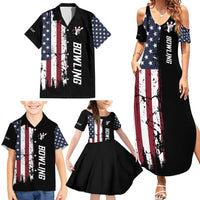 Grunge American Flag Custom Bowling Family Matching Summer Maxi Dress and Hawaiian Shirt Pins Graphic and Team Text Layout Design - Wonder Print Shop