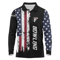 Grunge American Flag Custom Bowling Long Sleeve Polo Shirt Pins Graphic and Team Text Layout Design - Wonder Print Shop