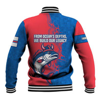 Faroe Islands Baseball Jacket with Viking Fish Illustration Red Blue Runic Design - Wonder Print Shop