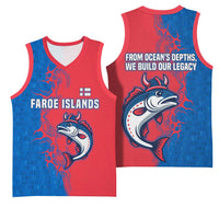 Faroe Islands Basketball Jersey with Viking Fish Illustration Red Blue Runic Design - Wonder Print Shop