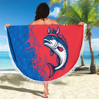 Faroe Islands Beach Blanket with Viking Fish Illustration Red Blue Runic Design - Wonder Print Shop