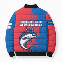 Faroe Islands Bomber Puffer Jacket with Viking Fish Illustration Red Blue Runic Design - Wonder Print Shop