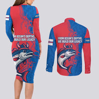 Faroe Islands Couples Matching Long Sleeve Bodycon Dress and Long Sleeve Button Shirt with Viking Fish Illustration Red Blue Runic Design - Wonder Print Shop