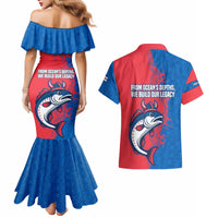 Faroe Islands Couples Matching Mermaid Dress and Hawaiian Shirt with Viking Fish Illustration Red Blue Runic Design - Wonder Print Shop