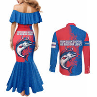 Faroe Islands Couples Matching Mermaid Dress and Long Sleeve Button Shirt with Viking Fish Illustration Red Blue Runic Design - Wonder Print Shop