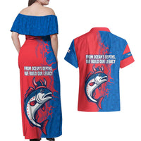 Faroe Islands Couples Matching Off Shoulder Maxi Dress and Hawaiian Shirt with Viking Fish Illustration Red Blue Runic Design - Wonder Print Shop