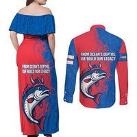 Faroe Islands Couples Matching Off Shoulder Maxi Dress and Long Sleeve Button Shirt with Viking Fish Illustration Red Blue Runic Design - Wonder Print Shop