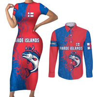 Faroe Islands Couples Matching Short Sleeve Bodycon Dress and Long Sleeve Button Shirt with Viking Fish Illustration Red Blue Runic Design - Wonder Print Shop