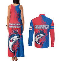 Faroe Islands Couples Matching Tank Maxi Dress and Long Sleeve Button Shirt with Viking Fish Illustration Red Blue Runic Design - Wonder Print Shop