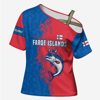 Faroe Islands Cross Shoulder Shirt with Viking Fish Illustration Red Blue Runic Design - Wonder Print Shop