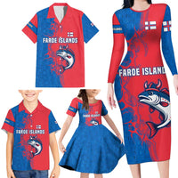 Faroe Islands Family Matching Long Sleeve Bodycon Dress and Hawaiian Shirt with Viking Fish Illustration Red Blue Runic Design - Wonder Print Shop