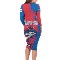 Faroe Islands Family Matching Long Sleeve Bodycon Dress and Hawaiian Shirt with Viking Fish Illustration Red Blue Runic Design - Wonder Print Shop
