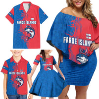 Faroe Islands Family Matching Off Shoulder Short Dress and Hawaiian Shirt with Viking Fish Illustration Red Blue Runic Design - Wonder Print Shop
