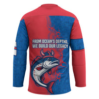 Faroe Islands Hockey Jersey with Viking Fish Illustration Red Blue Runic Design - Wonder Print Shop