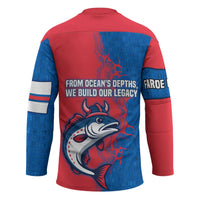 Faroe Islands Hockey Jersey with Viking Fish Illustration Red Blue Runic Design - Wonder Print Shop