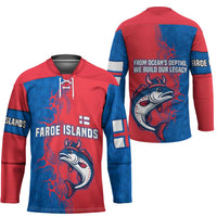 Faroe Islands Hockey Jersey with Viking Fish Illustration Red Blue Runic Design - Wonder Print Shop