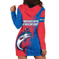 Faroe Islands Hoodie Dress with Viking Fish Illustration Red Blue Runic Design - Wonder Print Shop