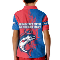 Faroe Islands Kid Polo Shirt with Viking Fish Illustration Red Blue Runic Design - Wonder Print Shop