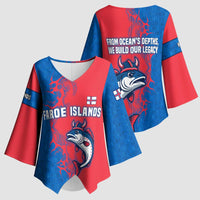 Faroe Islands Kimono Sleeve Blouse with Viking Fish Illustration Red Blue Runic Design - Wonder Print Shop