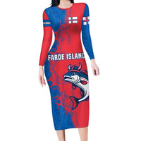 Faroe Islands Long Sleeve Bodycon Dress with Viking Fish Illustration Red Blue Runic Design - Wonder Print Shop