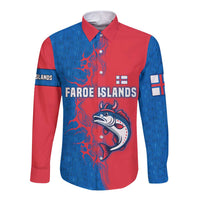 Faroe Islands Long Sleeve Button Shirt with Viking Fish Illustration Red Blue Runic Design - Wonder Print Shop