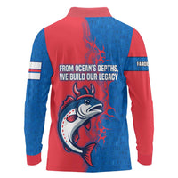 Faroe Islands Long Sleeve Polo Shirt with Viking Fish Illustration Red Blue Runic Design - Wonder Print Shop