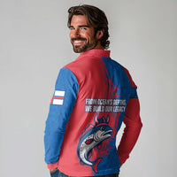 Faroe Islands Long Sleeve Polo Shirt with Viking Fish Illustration Red Blue Runic Design - Wonder Print Shop