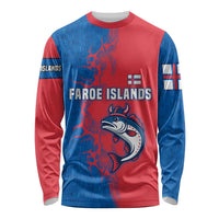Faroe Islands Long Sleeve Shirt with Viking Fish Illustration Red Blue Runic Design - Wonder Print Shop