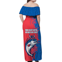 Faroe Islands Off Shoulder Maxi Dress with Viking Fish Illustration Red Blue Runic Design - Wonder Print Shop