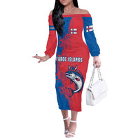 Faroe Islands Off The Shoulder Long Sleeve Dress with Viking Fish Illustration Red Blue Runic Design - Wonder Print Shop