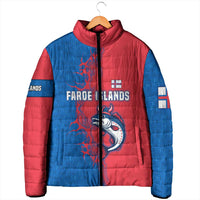 Faroe Islands Padded Jacket with Viking Fish Illustration Red Blue Runic Design - Wonder Print Shop