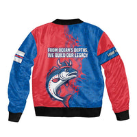 Faroe Islands Sleeve Zip Bomber Jacket with Viking Fish Illustration Red Blue Runic Design - Wonder Print Shop