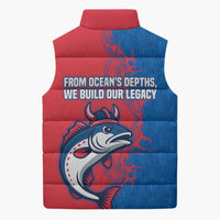 Faroe Islands Sleeveless Puffer Jacket with Viking Fish Illustration Red Blue Runic Design - Wonder Print Shop