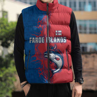 Faroe Islands Sleeveless Puffer Jacket with Viking Fish Illustration Red Blue Runic Design - Wonder Print Shop