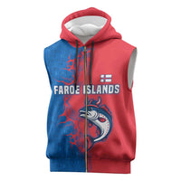 Faroe Islands Sleeveless Zip Hoodie with Viking Fish Illustration Red Blue Runic Design - Wonder Print Shop