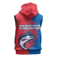 Faroe Islands Sleeveless Zip Hoodie with Viking Fish Illustration Red Blue Runic Design - Wonder Print Shop