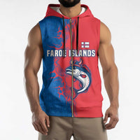 Faroe Islands Sleeveless Zip Hoodie with Viking Fish Illustration Red Blue Runic Design - Wonder Print Shop