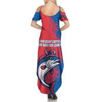 Faroe Islands Summer Maxi Dress with Viking Fish Illustration Red Blue Runic Design - Wonder Print Shop